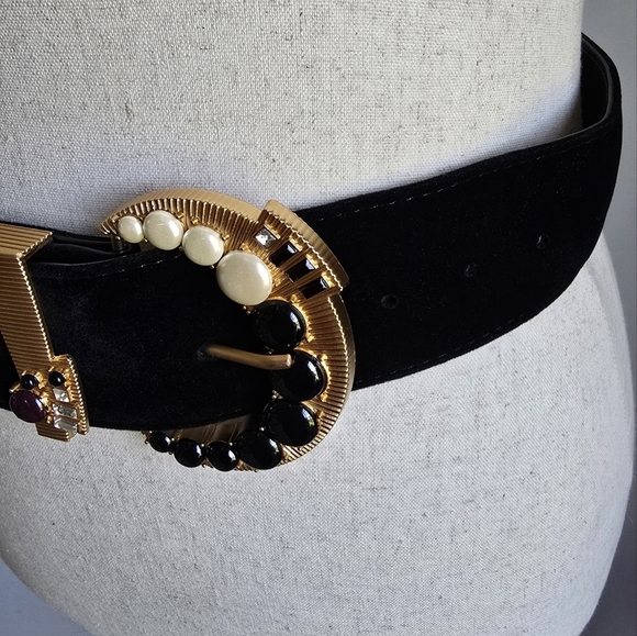 ZARA, Black Velvet Bejewelled Buckle Wide Statement Belt, Size 31 Waist - Picture 8 of 10